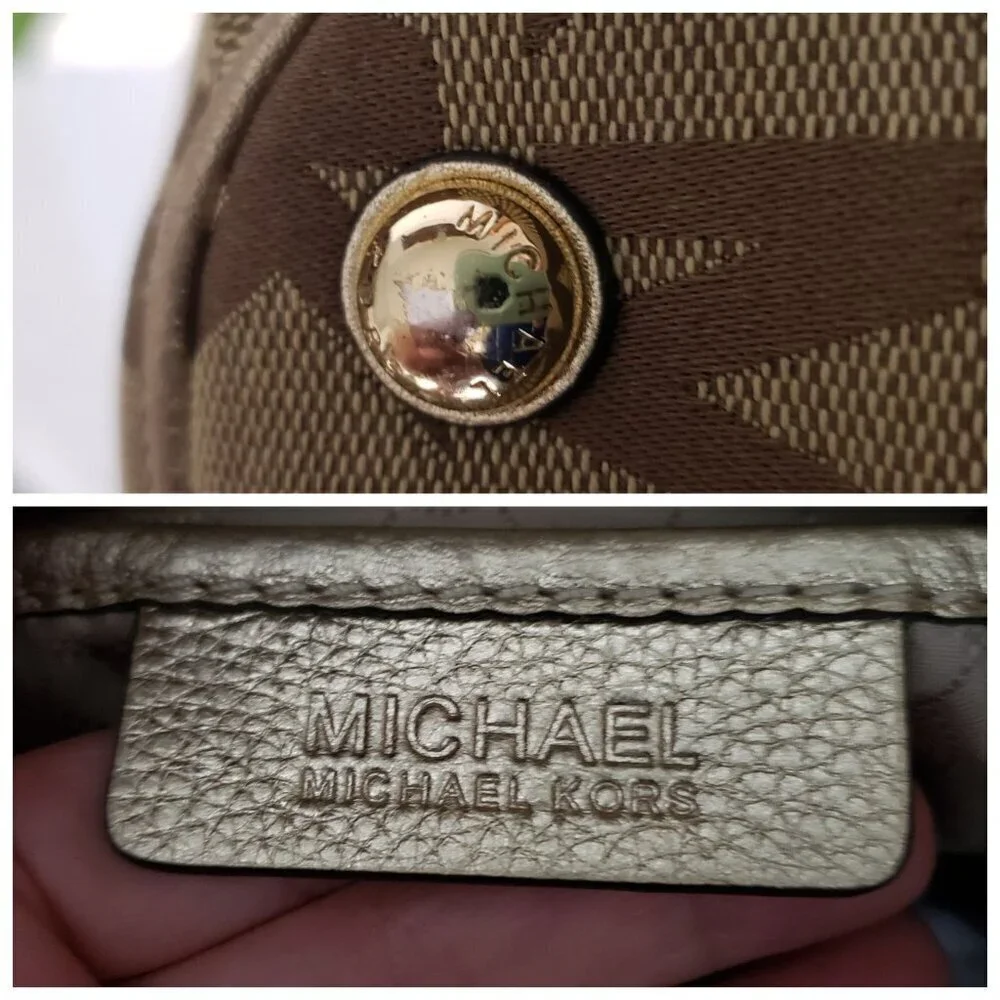 Michael Kors Jet Set Large Signature Gathered Hobo Satchel Tote Gold and Brown